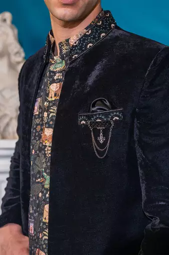 Embroidered black velvet jodhpuri suit with silk kurta
