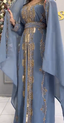 Elegant Sky Blue Moroccan Embroidered Kaftan With Belt & Dupatta | Party & Occasion Wear 2
