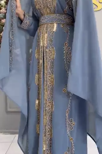 Elegant Sky Blue Moroccan Embroidered Kaftan With Belt & Dupatta | Party & Occasion Wear