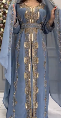 Elegant Sky Blue Moroccan Embroidered Kaftan With Belt & Dupatta | Party & Occasion Wear 3