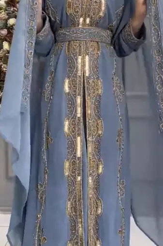 Elegant Sky Blue Moroccan Embroidered Kaftan With Belt & Dupatta | Party & Occasion Wear