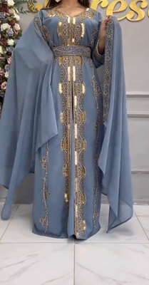 Elegant Sky Blue Moroccan Embroidered Kaftan With Belt & Dupatta | Party & Occasion Wear 4