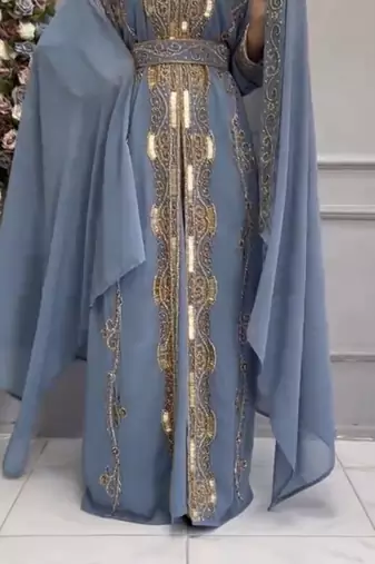 Elegant Sky Blue Moroccan Embroidered Kaftan With Belt & Dupatta | Party & Occasion Wear