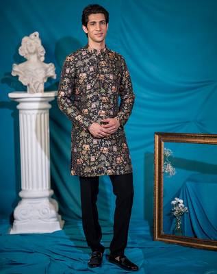 Embroidered black velvet jodhpuri suit with silk kurta 3