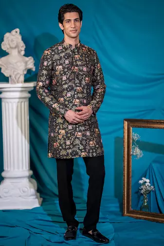 Embroidered black velvet jodhpuri suit with silk kurta