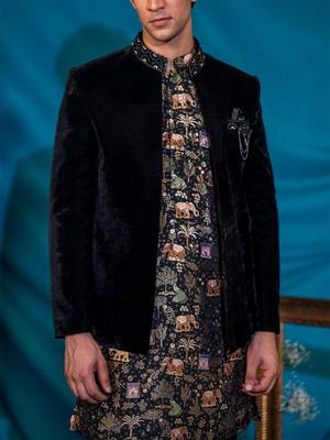 Embroidered black velvet jodhpuri suit with silk kurta 4