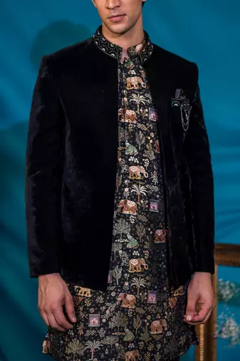 Embroidered black velvet jodhpuri suit with silk kurta