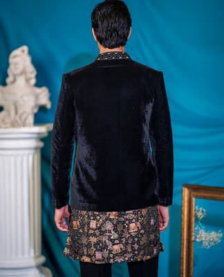 Embroidered black velvet jodhpuri suit with silk kurta 5