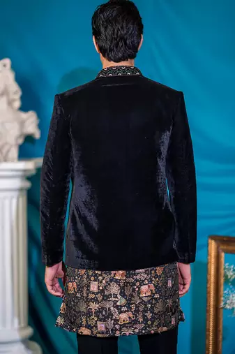 Embroidered black velvet jodhpuri suit with silk kurta