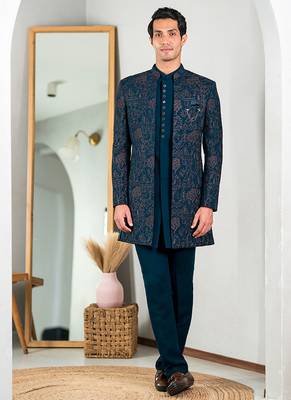 Peacock green indowestern with tranquil nature detailing thread and stone work 1