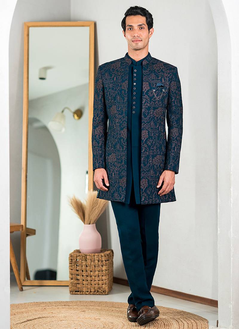 Peacock green indowestern with tranquil nature detailing thread and stone work