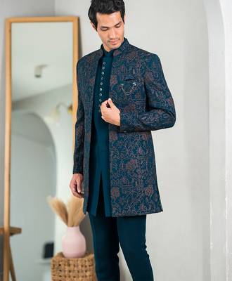 Peacock green indowestern with tranquil nature detailing thread and stone work 2