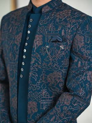 Peacock green indowestern with tranquil nature detailing thread and stone work 3