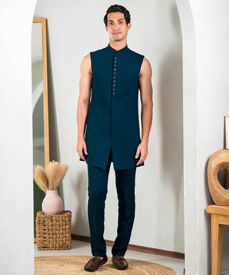 Peacock green indowestern with tranquil nature detailing thread and stone work 4