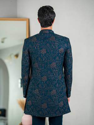 Peacock green indowestern with tranquil nature detailing thread and stone work 5