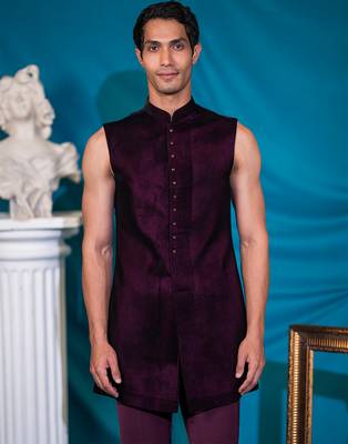 Wine velvet indowestern with sequins and floral thread work 2