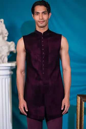 Wine velvet indowestern with sequins and floral thread work