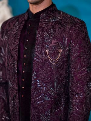 Wine velvet indowestern with sequins and floral thread work 3