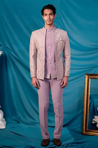 Lavender jodhpuri suit with ethnic motif thread work