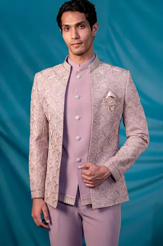 Lavender jodhpuri suit with ethnic motif thread work