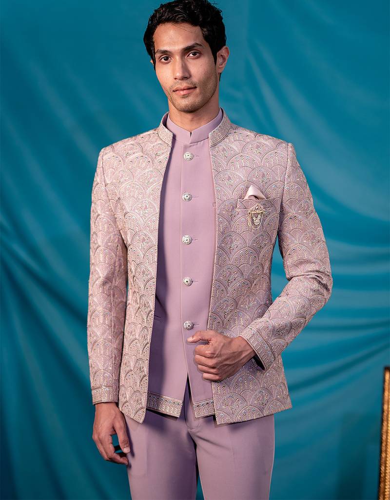 Lavender jodhpuri suit with ethnic motif thread work