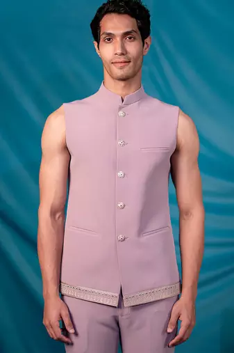 Lavender jodhpuri suit with ethnic motif thread work