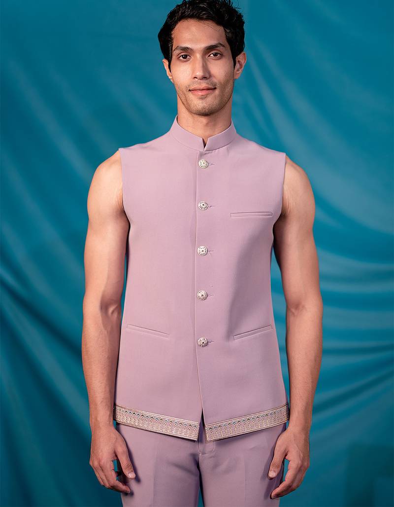 Lavender jodhpuri suit with ethnic motif thread work