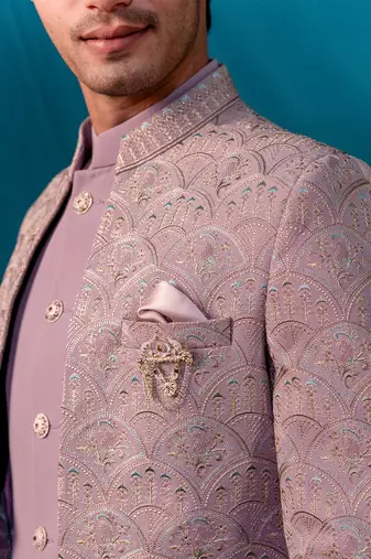 Lavender jodhpuri suit with ethnic motif thread work
