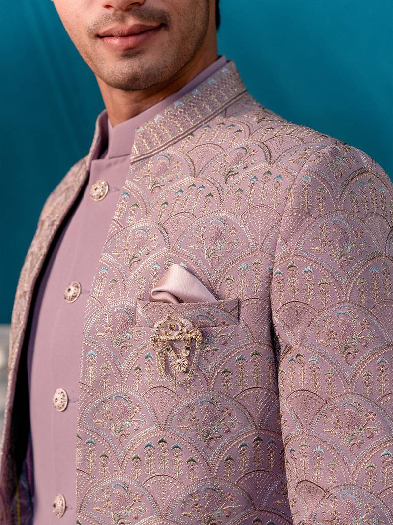 Lavender jodhpuri suit with ethnic motif thread work