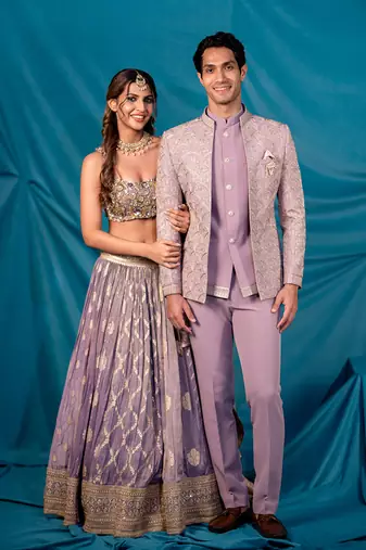 Lavender jodhpuri suit with ethnic motif thread work
