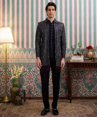 Dark purple open jodhpuri suit with sequins and dupatta 1