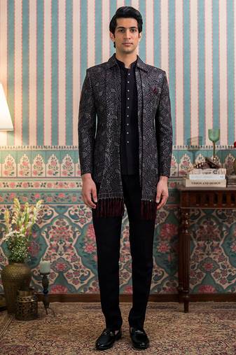 Dark purple open jodhpuri suit with sequins and dupatta