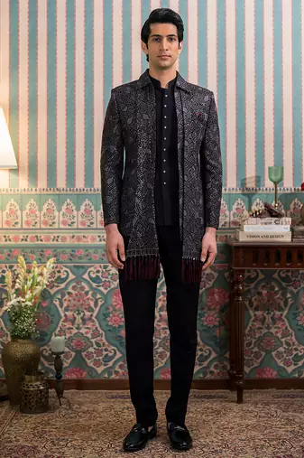 Dark purple open jodhpuri suit with sequins and dupatta