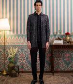 Dark purple open jodhpuri suit with sequins and dupatta