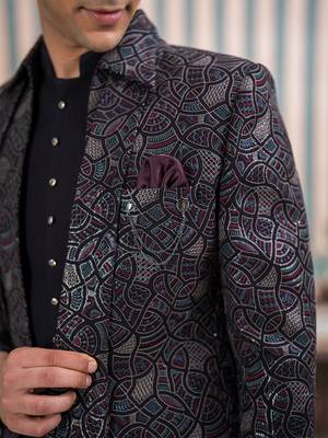 Dark purple open jodhpuri suit with sequins and dupatta 2