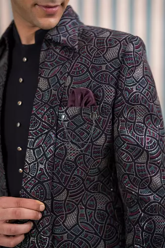 Dark purple open jodhpuri suit with sequins and dupatta