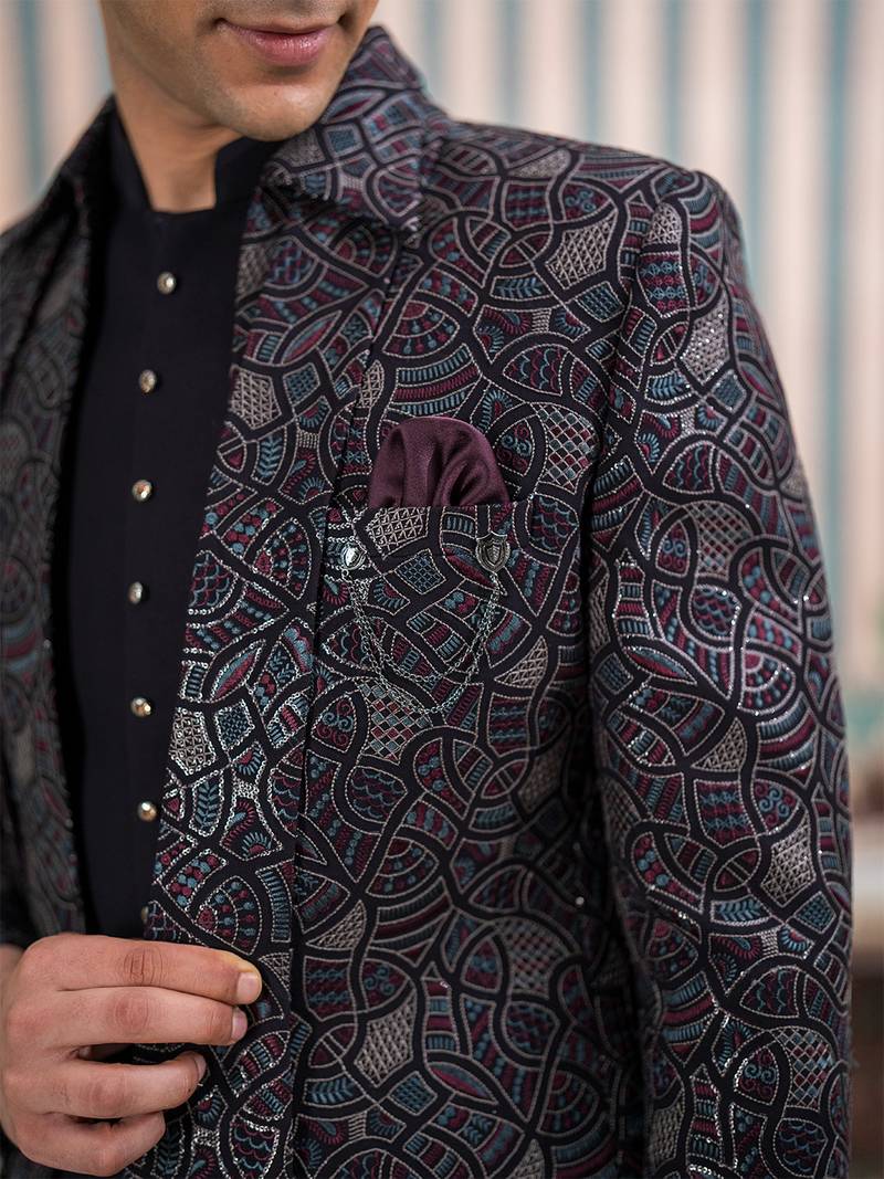 Dark purple open jodhpuri suit with sequins and dupatta