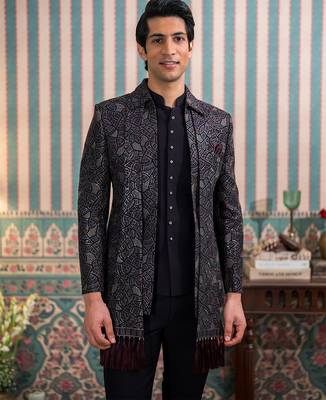 Dark purple open jodhpuri suit with sequins and dupatta 3