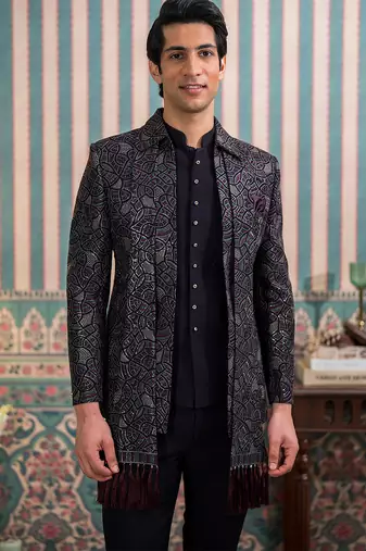 Dark purple open jodhpuri suit with sequins and dupatta