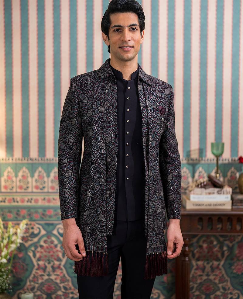 Dark purple open jodhpuri suit with sequins and dupatta