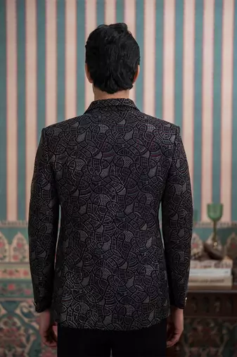 Dark purple open jodhpuri suit with sequins and dupatta