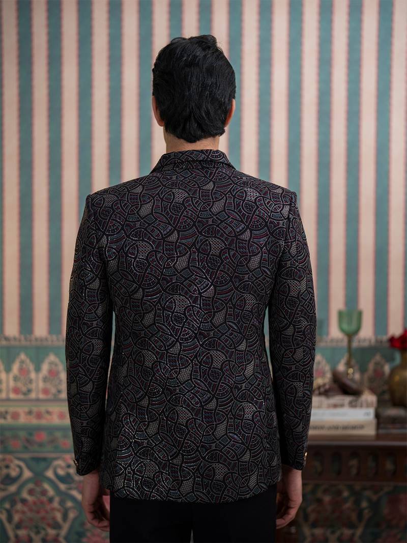 Dark purple open jodhpuri suit with sequins and dupatta