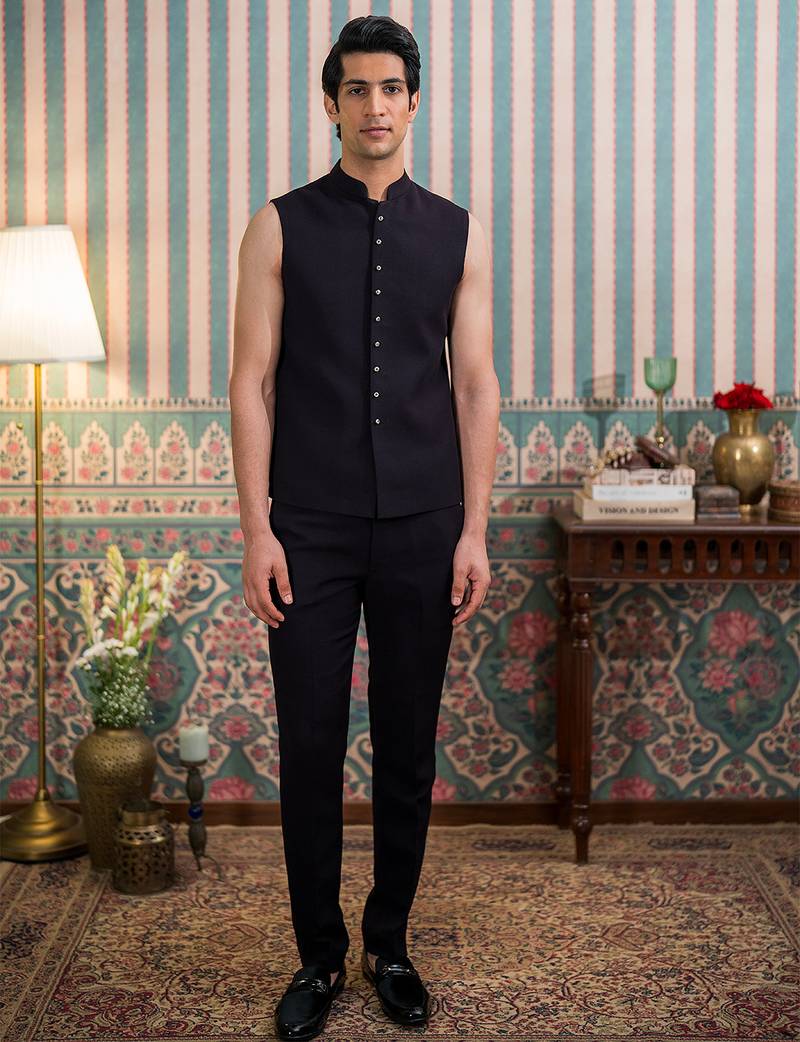 Dark purple open jodhpuri suit with sequins and dupatta