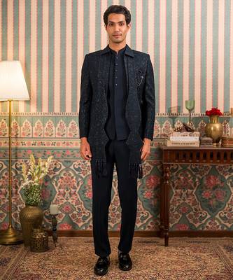 Navy blue jodhpuri suit with stone work and dupatta 1