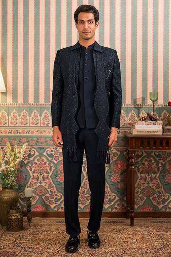 Navy blue jodhpuri suit with stone work and dupatta