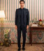 Navy blue jodhpuri suit with stone work and dupatta