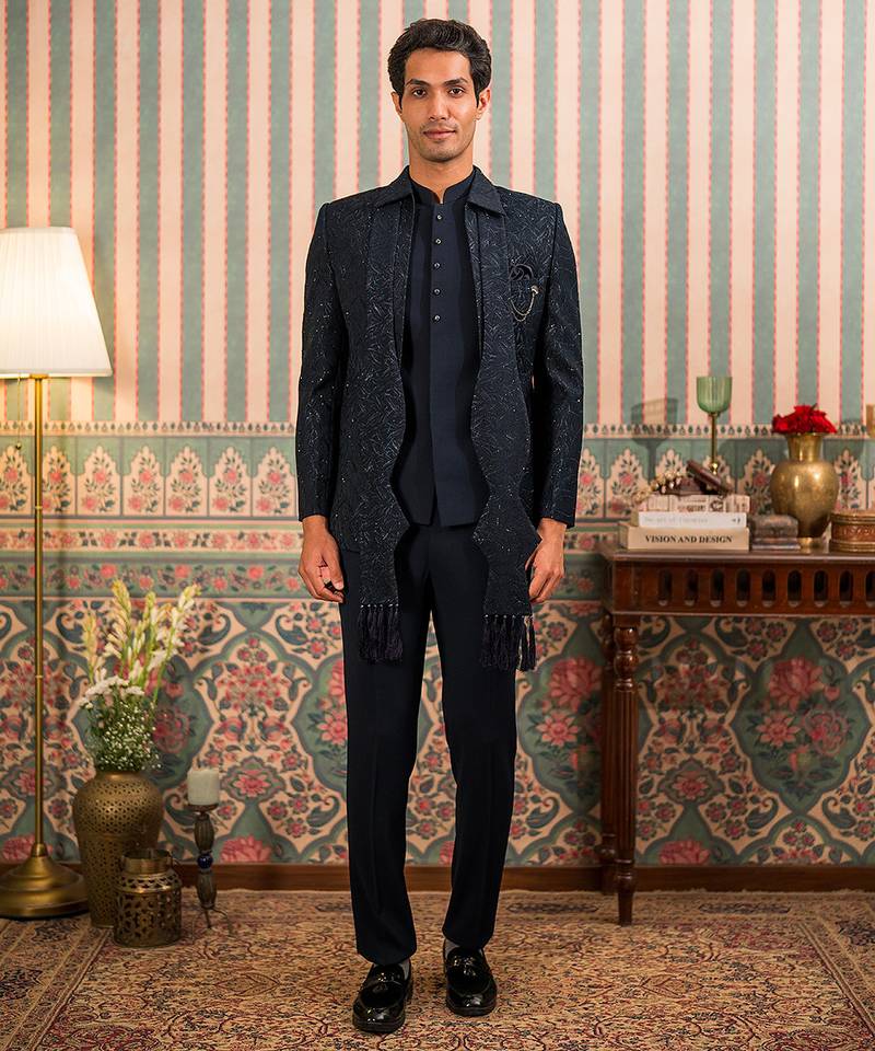 Navy blue jodhpuri suit with stone work and dupatta