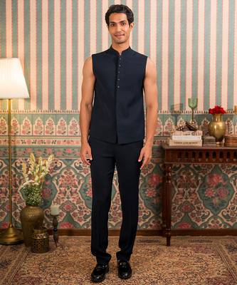 Navy blue jodhpuri suit with stone work and dupatta 2