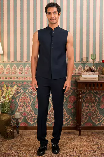 Navy blue jodhpuri suit with stone work and dupatta