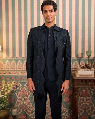 Navy blue jodhpuri suit with stone work and dupatta 3